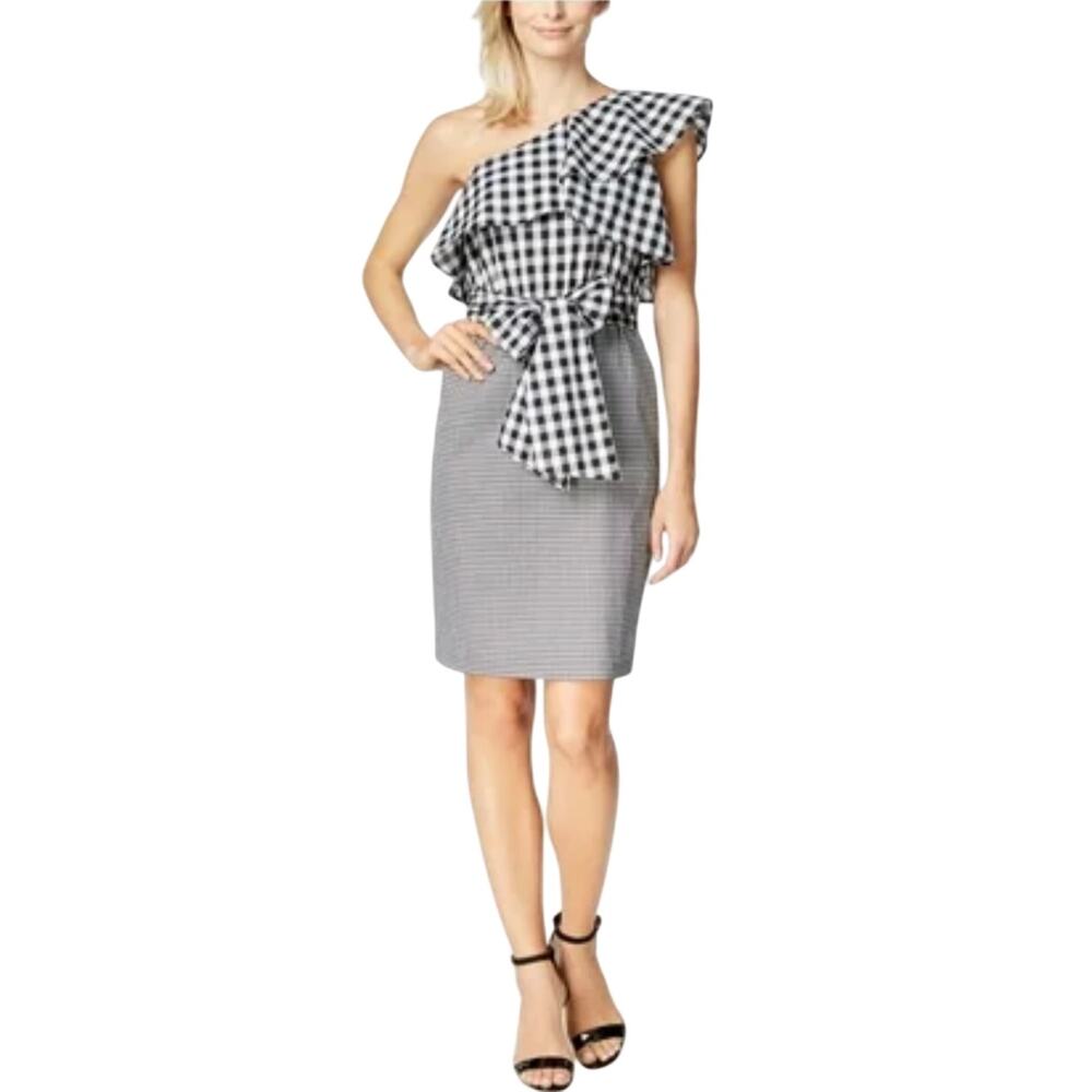 Calvin Klein One Shoulder Gingham Sheath Dress Black and White Size 12